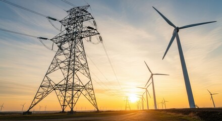 Wind turbines and power lines at sunset showcasing renewable energy and electrical infrastructure system