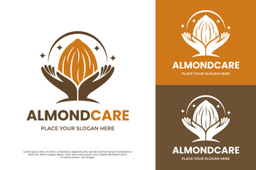Almond Care logo. Two hands holding and protecting an almond nut. Symbolizes natural care, organic products, skin beauty, cosmetic almond oil, or health wellness.