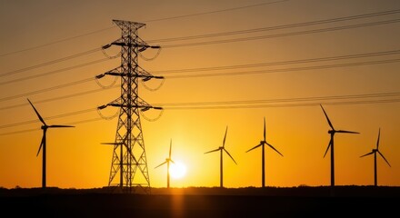 Wind turbines and power lines at sunset creating energy and transmitting it across the country side area