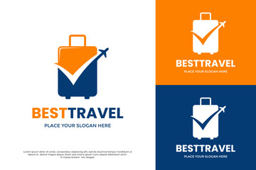 Best Travel logo. A suitcase (luggage) with an airplane and a check mark. Represents verified booking, a trusted travel agency, or a flight comparison service.