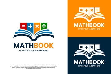 Math book education logo. An open book with mathematics symbols like plus, minus, and square root. Perfect for a school, university, or tutoring service.