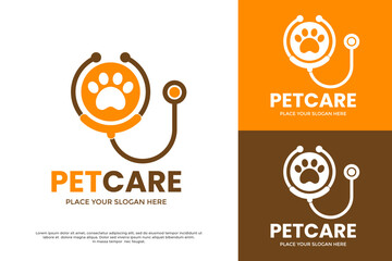 Pet Care logo template. A stethoscope forming a heart shape around a paw print. Ideal for a veterinary clinic, animal hospital, or pet health brand.