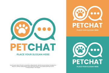 Pet chat logo design template. A paw print inside a speech bubble, symbolizing animal communication, vet forums, or a pet social app. Modern and simple.