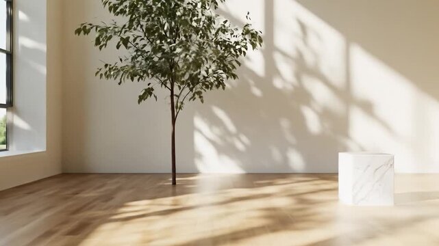 Minimalist room interior with plant and marble display stand bright sunlit empty space background