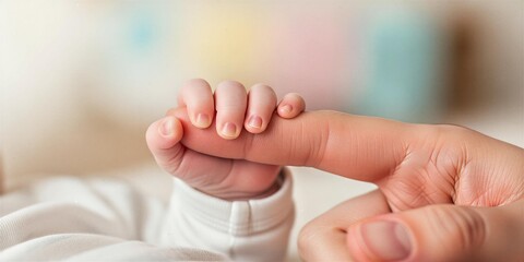 Close-up and selective focus on the tiny hand of a newborn baby tightly grasping the index finger of an adult, symbolizing love, care, security, and family connection.