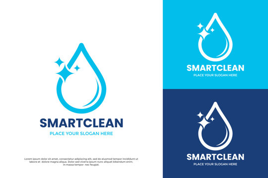 Smart clean service logo template. Great for cleaning services, laundry, hygiene products, and technology solutions. Water drop symbol with sparkle effect. Editable vector.