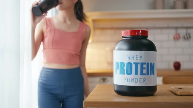 Confident young asian woman in sports clothing drinking protein cocktail while standing at the kitchen,happy relax sport life,Build Muscle in Fitness,Health and Wellness concept