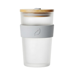 A frosted glass tumbler with a bamboo lid and a grey silicone sleeve featuring a leaf logo.