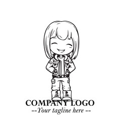 Black and White Chibi Girl Standing in Jacket, Pants, and Boots. Simple Bold Vector Illustration
