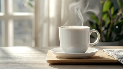 Steaming coffee cup on wooden tray, sunlight illuminating scene, creating cozy atmosphere