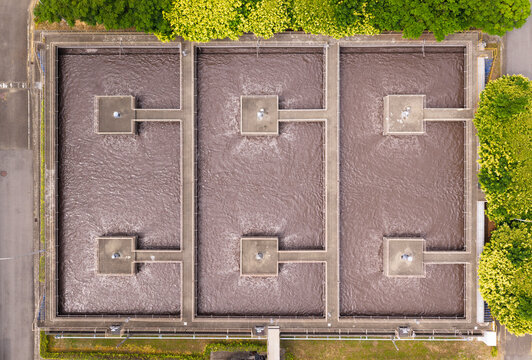 Aerial View Wastewater Treatment Plant Three Settling Tanks