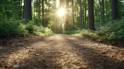 Obraz premium Sunlight filters through trees along serene forest path, creating calm atmosphere