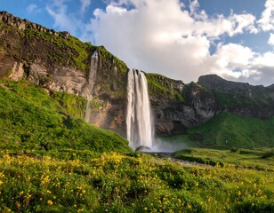 Fototapeta premium Scenic waterfall cascades down a cliff, surrounded by lush greenery and sky