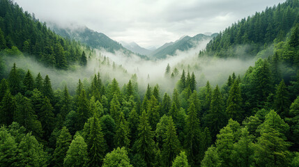 Obraz premium Lush green forest surrounded by misty mountains creates serene and peaceful atmosphere