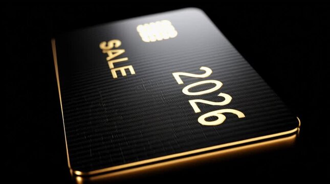 The golden text "2026 sale" on the black bank card layout. Online store. Commercial proposal. Discount card.