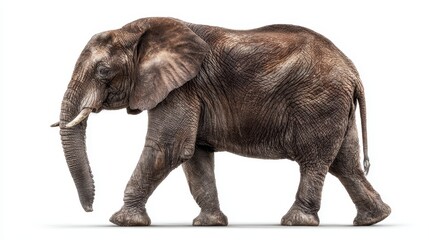 Obraz premium Powerful African elephant walking in profile, isolated on a clean white background, showcasing its majestic presence