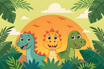 Three cute cartoon dinosaurs in a tropical jungle setting