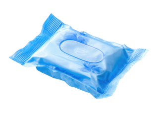 A partially transparent, pale-blue, rectangular package containing cleansing wipes, angled against a dark background