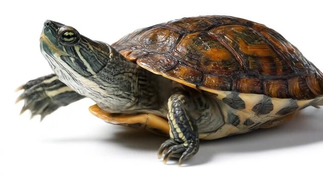 Close-up of a young turtle with a striped neck, amber-brownish shell, and green legs basking in sun
