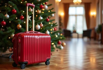 Festive Christmas travel, Vibrant holiday scene featuring packed red luggage and decor, Seasonal celebration scene showing brightly lit suitcase amidst holiday ornaments and cheerful ambiance.