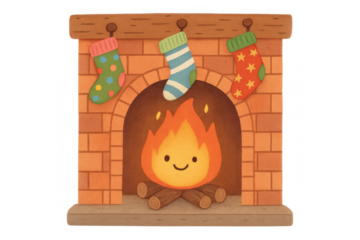 Cozy christmas fireplace with smiling fire, warm hearth, and colorful holiday stockings hanging on mantel, transparent background