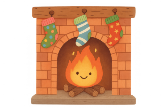 Cozy christmas fireplace with smiling fire, warm hearth, and colorful holiday stockings hanging on mantel, transparent background