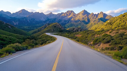 Fototapeta premium Winding mountain road under soft sunlight, surrounded by tranquil green hills and majestic peaks
