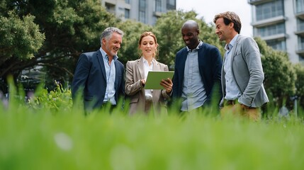 Diverse business professionals collaborate outdoors reviewing digital tablet amidst lush greenery and modern buildings
