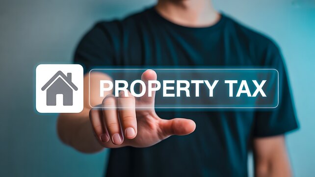 Man pressing property tax button on transparent screen for real estate finance concept
