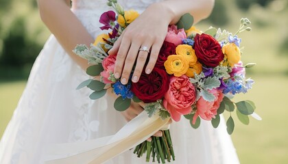 Bride&rsquo;s elegant hands holding a vibrant, fresh wedding bouquet of flowers, symbolizing joy, romance, and celebration