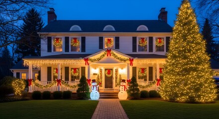 Fototapeta premium A large house is decorated with Christmas lights, wreaths, and snowmen figures for the holiday season.