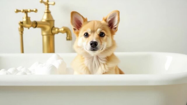 Cute puppy sitting in a luxurious white bathtub with golden accents, surrounded by fluffy bubbles. The bright, clean background gives a fresh feel, making it perfect for pet grooming or wellness ads