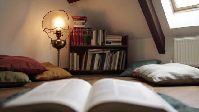 A cozy reading nook with pillows, a lamp, and bookshelves