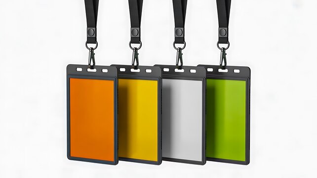 Colorful blank id badges with lanyards on white background for corporate events
 - Powered by Adobe