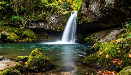 Fototapeta premium Scenic waterfall cascades into a tranquil pool surrounded by lush greenery