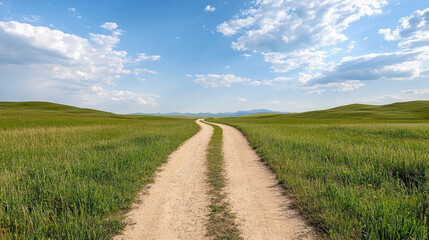 Winding dirt road leads through lush green fields under bright blue sky, evoking tranquility