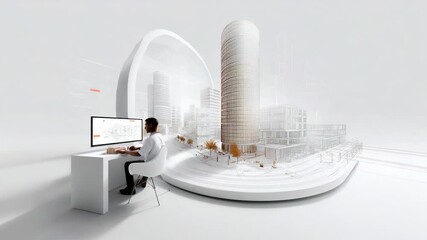 A futuristic vision of urban architecture crafted on a computer screen, showcasing a blend of technology and design in an immersive digital workspace environment. - Powered by Adobe