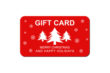 Red Christmas Gift Card Vector Design. Festive Holiday Voucher with White Trees and Snowflakes. Merry Christmas and Happy Holidays Greeting Template for Posters, Prints, and Merchandise.