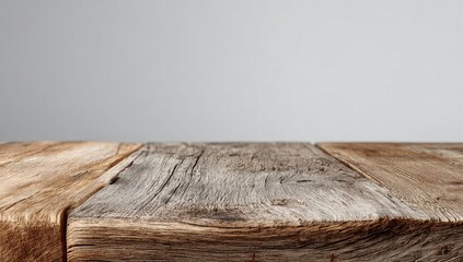 Close-up of weathered wooden tabletop against a light gray background