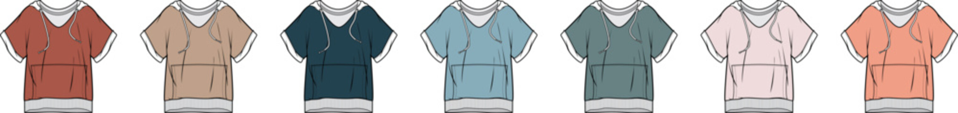 Set of women's V-neck surplice dresses with dolman sleeves shown in a vibrant color palette, a technical flat vector template for fashion design