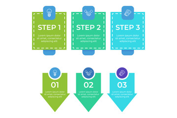 Infographic illustrating three steps in process, using colorful boxes and icons