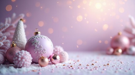 christmas backChristmas, holiday, greeting card, ornament, bauble, purple, gold, snow, winter, elegant, luxury, festive, celebration, bokeh, pine, fir, branch, decoration, seasonground with pink balls