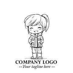 Black and White Chibi Girl Standing in Jacket, Pants, and Boots. Simple Bold Vector Illustration