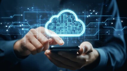 Smartphone and Cloud Technology Interaction, Person using smartphone with digital cloud technology overlay - Powered by Adobe