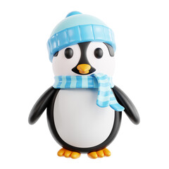 Charming 3D illustration of an adorable baby penguin dressed for cold weather in a cozy blue beanie and a striped scarf, isolated on a white background