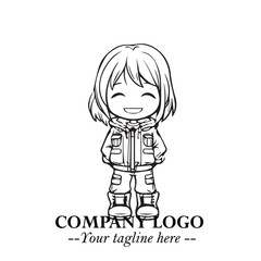 Black and White Chibi Girl Standing in Jacket, Pants, and Boots. Simple Bold Vector Illustration