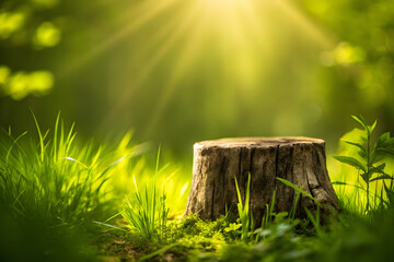 Tree stump in a sunlit forest with green grass and bokeh