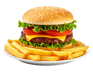 Classic Beef Burger with Crispy French Fries on Plate, Isolated on White Background
