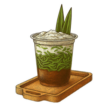Vintage Realistic Es Cendol Illustration &ndash; Traditional Indonesian Palm Sugar Iced Dessert Vector