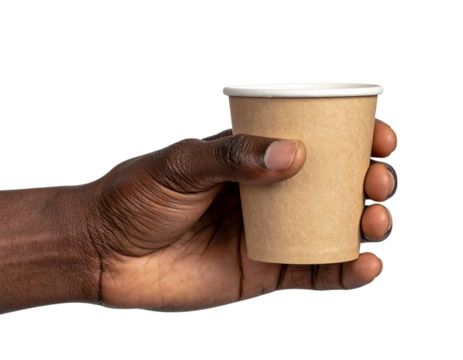Side View of Hand Holding Eco-Friendly Paper Drink Cup Without Lid, Isolated Transparent Background